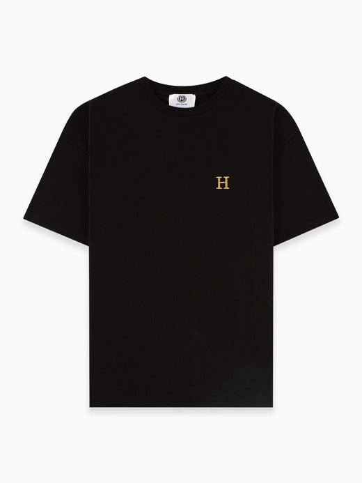 HUMM Tee Schwarz, 240 gsm oversized met goud geborduurde H