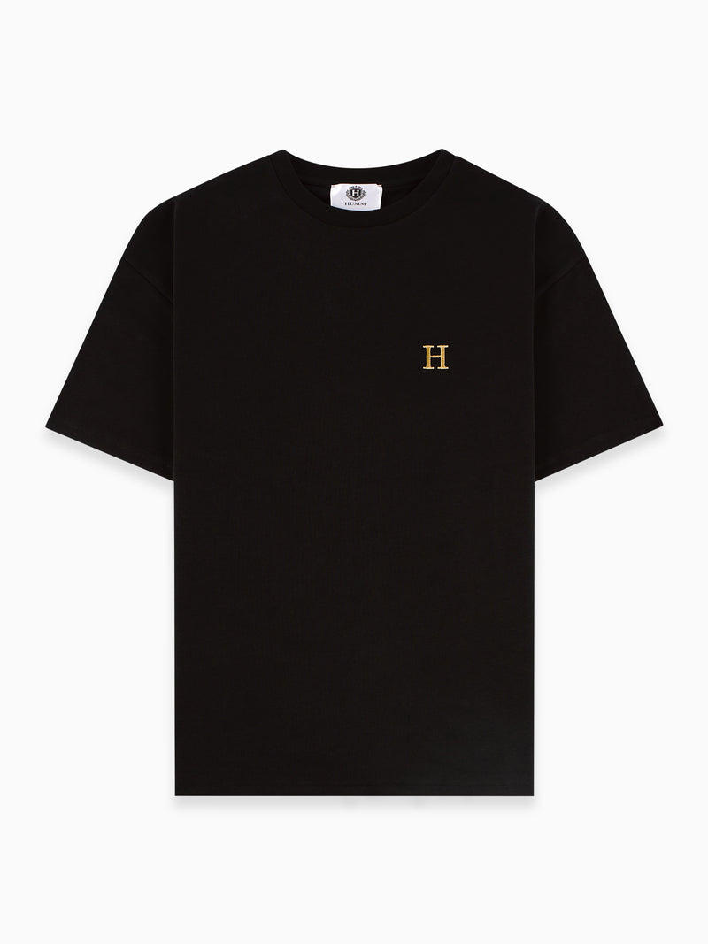 HUMM Tee Schwarz, 240 gsm oversized met goud geborduurde H
