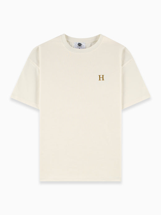 HUMM Tee Creme, 240 gsm oversized met goud geborduurde H