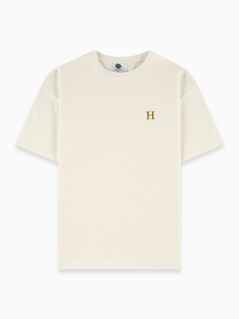 HUMM Tee Creme, 240 gsm oversized met goud geborduurde H