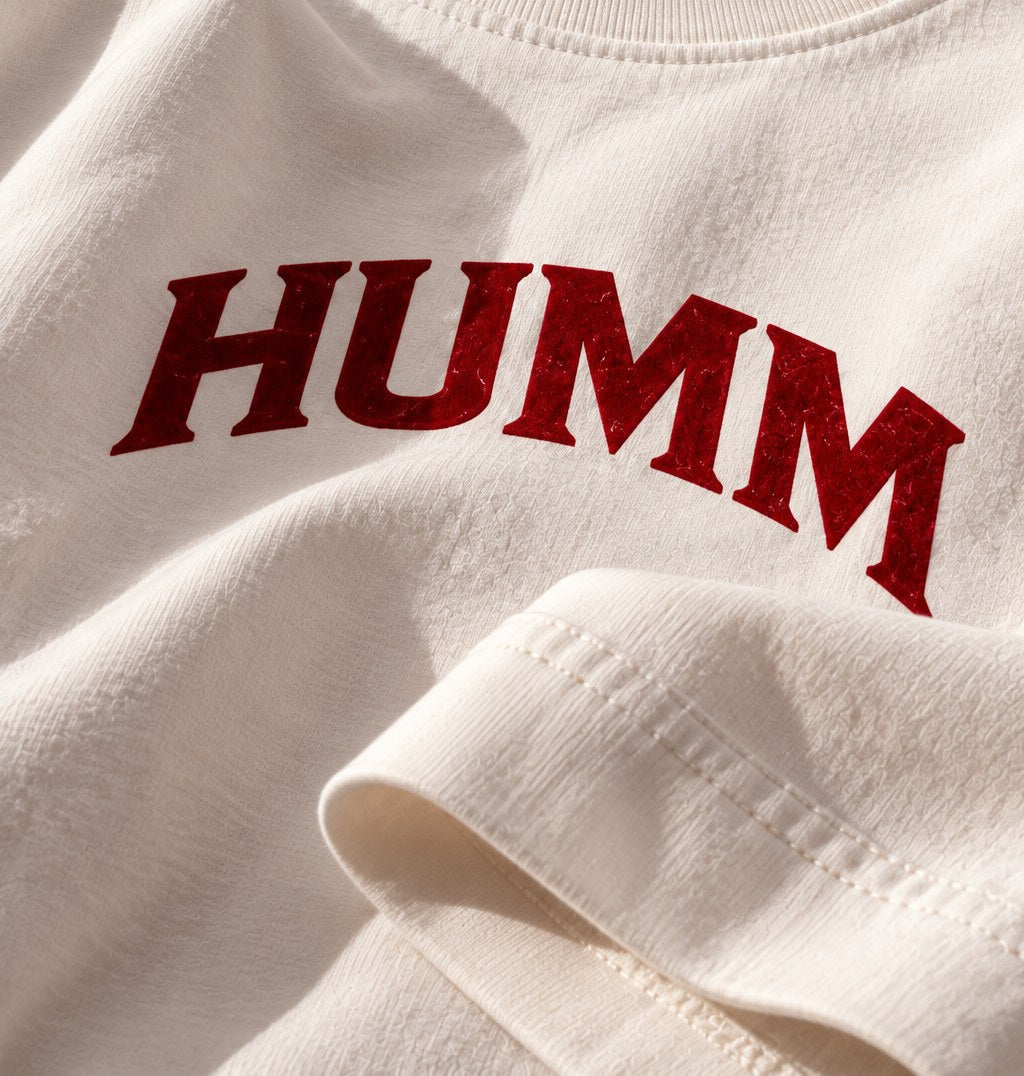 Detail van de rode HUMM-print op The Performance, ontwerpbeeld gemaakt met AI